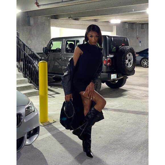 Women's Black Synthetic Knee High Fold over Wedge Heel Long Shark Pull on Boots - Picture 3 of 6